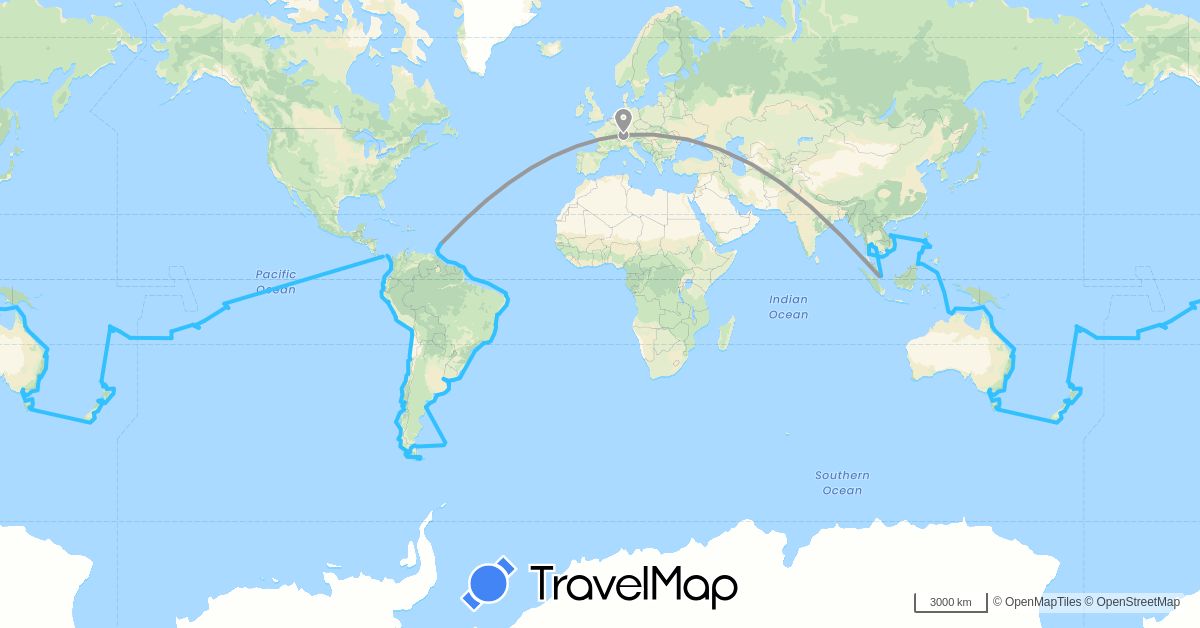 TravelMap itinerary: driving, plane, boat in Argentina, Australia, Barbados, Brazil, Switzerland, Cook Islands, Chile, Ecuador, Fiji, Falkland Islands, France, Malaysia, New Zealand, Panama, Peru, Philippines, Singapore, Thailand, Tonga, Trinidad and Tobago, United States, Uruguay, Vietnam (Asia, Europe, North America, Oceania, South America)