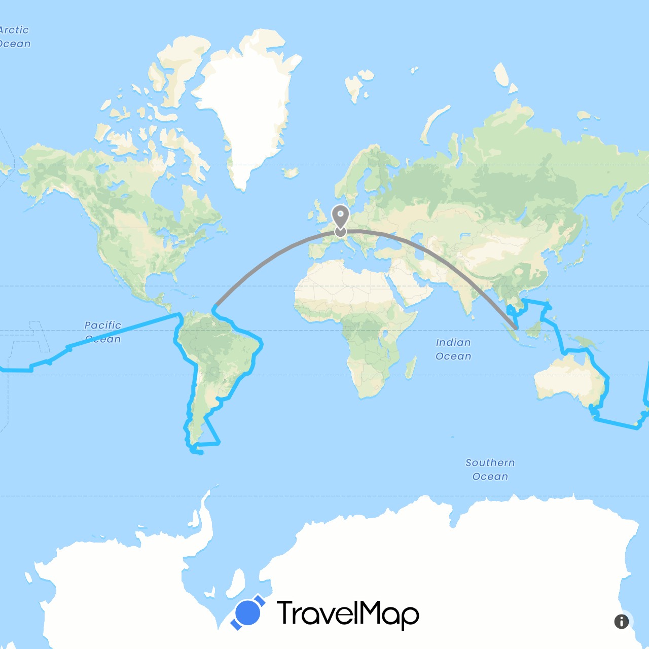 TravelMap itinerary: driving, plane, boat in Argentina, Australia, Barbados, Brazil, Switzerland, Cook Islands, Chile, Ecuador, Fiji, Falkland Islands, France, Malaysia, New Zealand, Panama, Peru, Philippines, Singapore, Thailand, Tonga, Trinidad and Tobago, United States, Uruguay, Vietnam (Asia, Europe, North America, Oceania, South America)