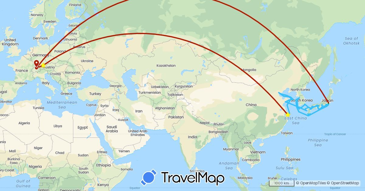 TravelMap itinerary: bus, boat, plane in Switzerland, China, Germany, Japan, South Korea (Asia, Europe)