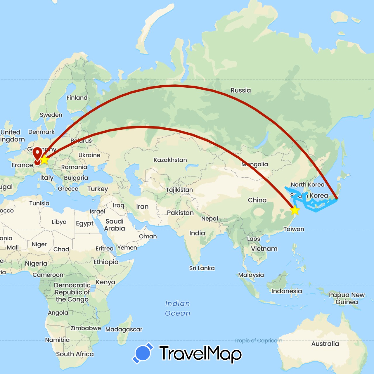 TravelMap itinerary: bus, boat, plane in Switzerland, China, Germany, Japan, South Korea (Asia, Europe)