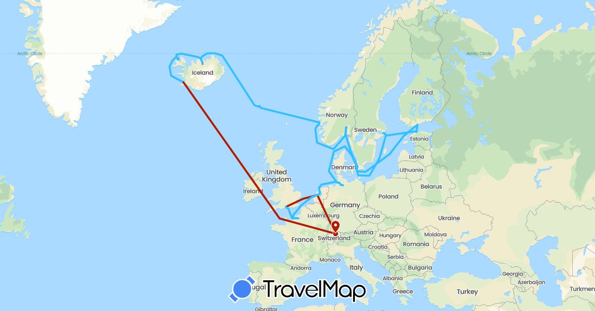 TravelMap itinerary: driving, boat, plane in Switzerland, Germany, Denmark, Estonia, Finland, Faroe Islands, France, United Kingdom, Iceland, Netherlands, Norway, Sweden (Europe)