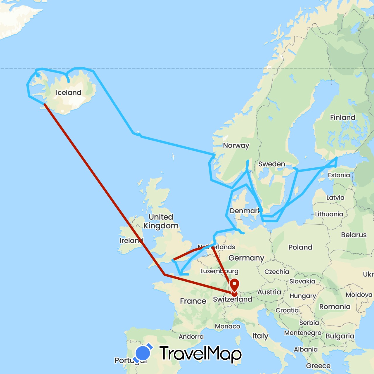 TravelMap itinerary: driving, boat, plane in Switzerland, Germany, Denmark, Estonia, Finland, Faroe Islands, France, United Kingdom, Iceland, Netherlands, Norway, Sweden (Europe)