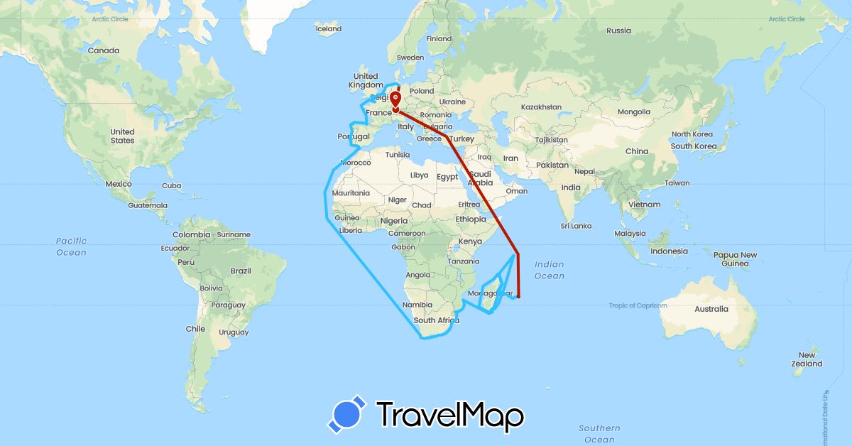 TravelMap itinerary: driving, boat, plane in Belgium, Switzerland, Germany, Spain, France, United Kingdom, Morocco, Madagascar, Mauritius, Mozambique, Portugal, Seychelles, South Africa (Africa, Europe)
