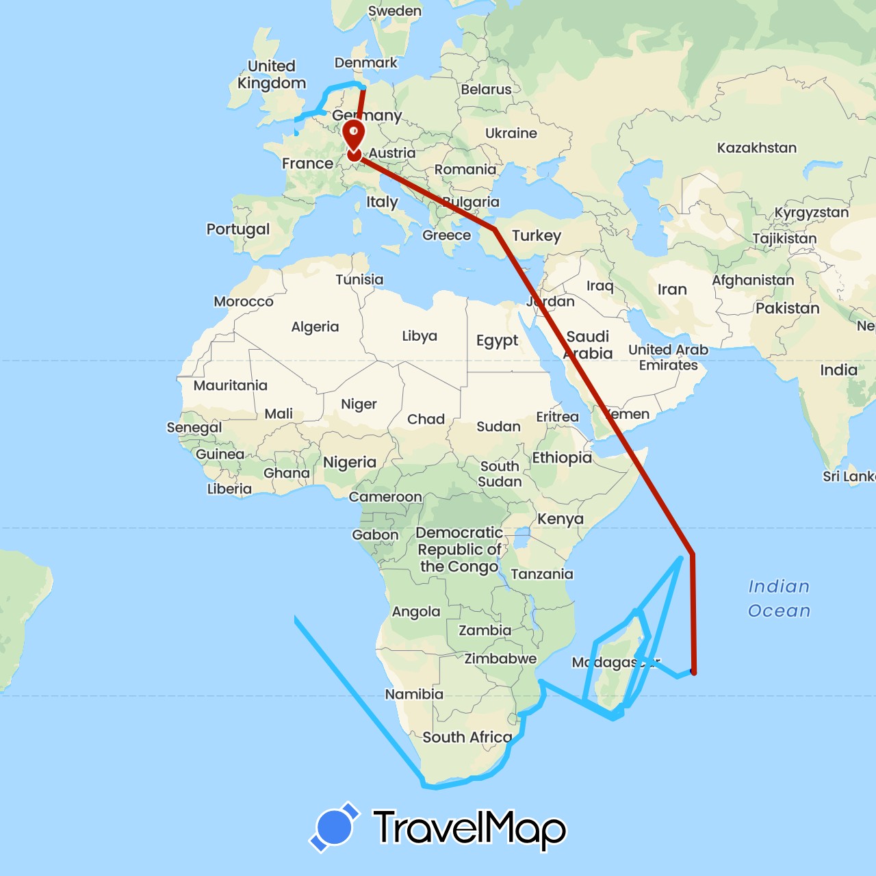 TravelMap itinerary: driving, boat, plane in Belgium, Switzerland, Germany, Spain, France, United Kingdom, Morocco, Madagascar, Mauritius, Mozambique, Portugal, Seychelles, South Africa (Africa, Europe)