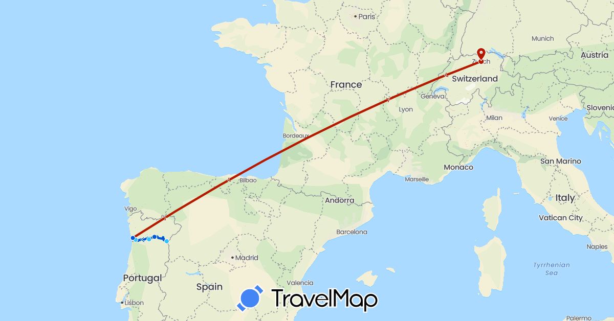 TravelMap itinerary: driving, boat, plane, boat back in Switzerland, Portugal (Europe)
