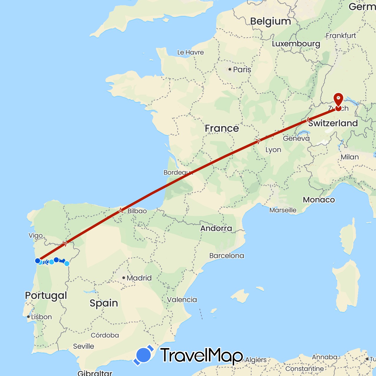 TravelMap itinerary: driving, boat, plane, boat back in Switzerland, Portugal (Europe)