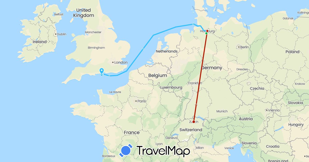 TravelMap itinerary: driving, bus, boat, plane in Switzerland, Germany, United Kingdom (Europe)
