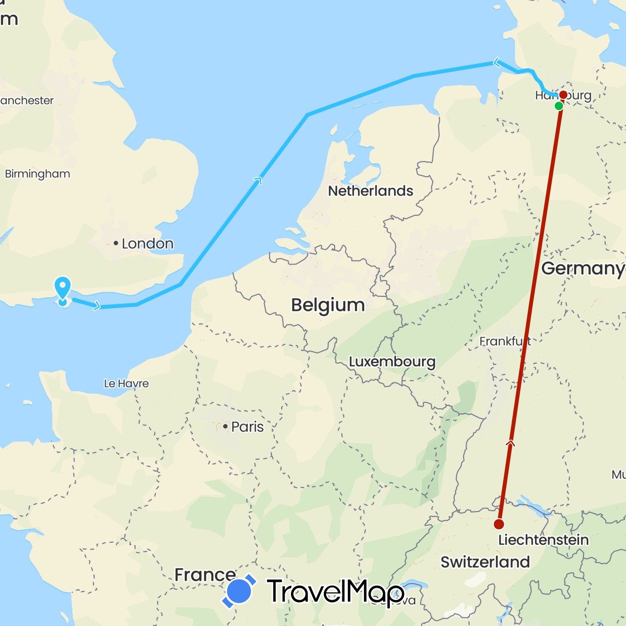 TravelMap itinerary: driving, bus, boat, plane in Switzerland, Germany, United Kingdom (Europe)